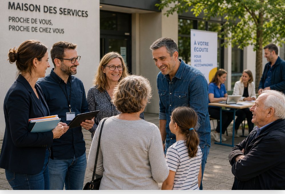 Agents et élus échangeant avec des usagers de tous âges devant une maison des services
